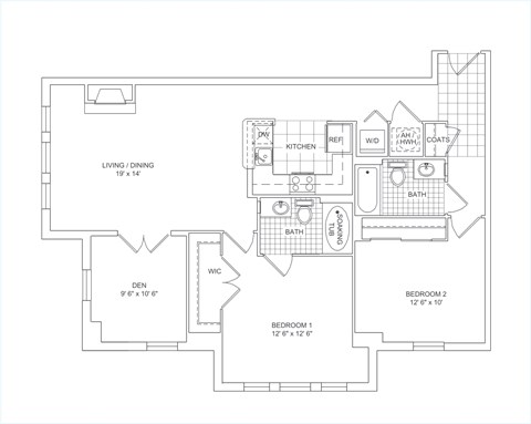 Floor plan for 2 beds, 2 baths, 1153 sqft